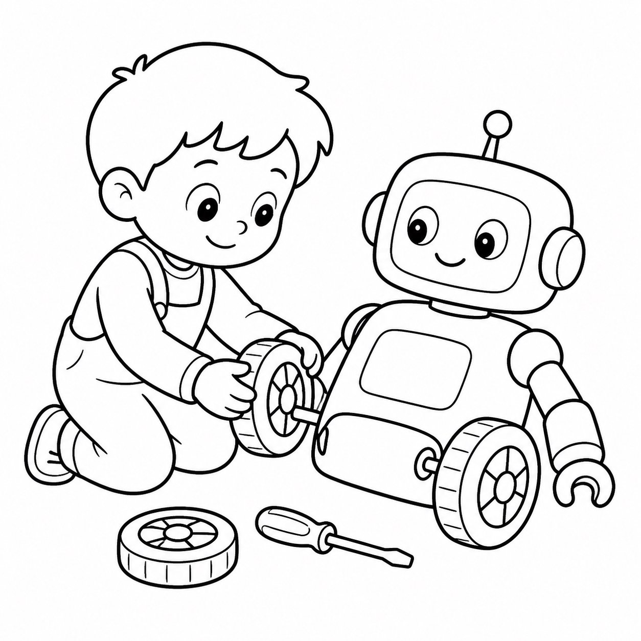 Enfants remplaçant la roue d’un robot
