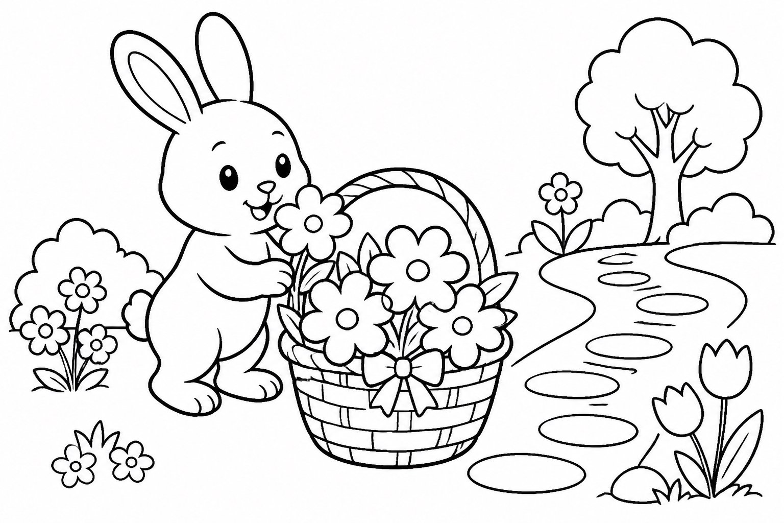 ウサギが花かごを整える