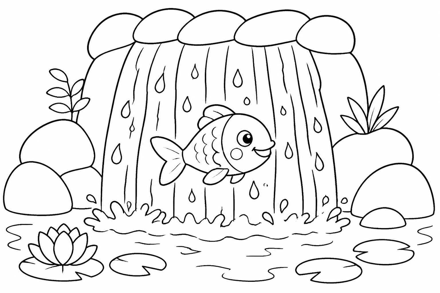 水のカーテンをくぐる小魚