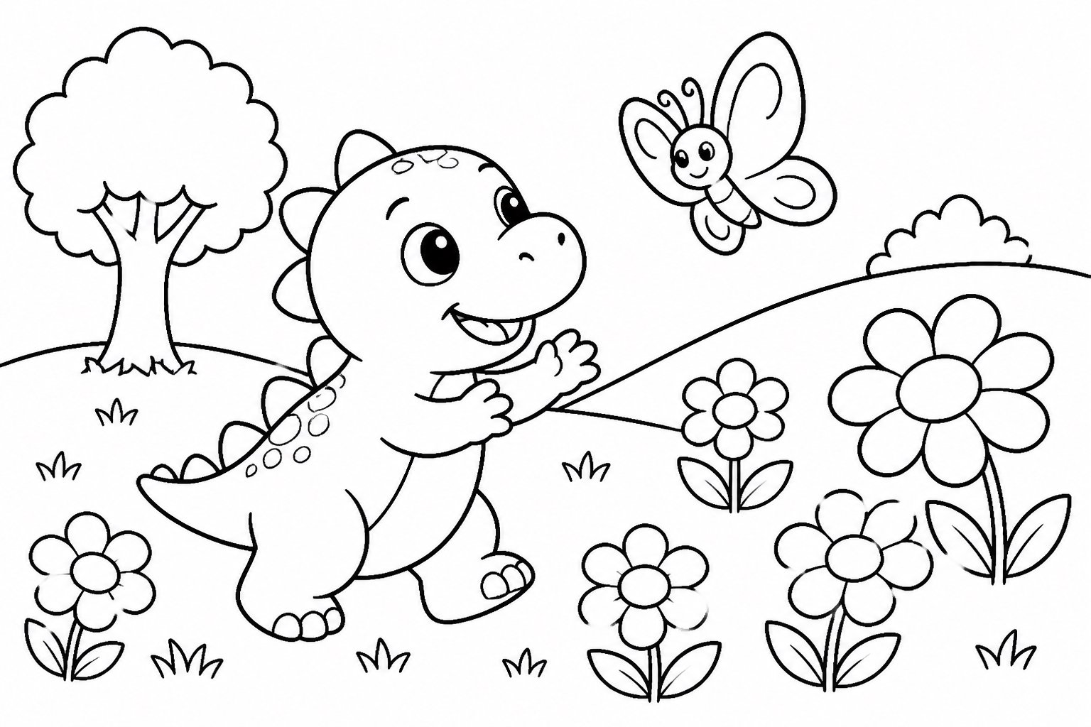Dinosaurierbaby spielt mit Schmetterlingen
