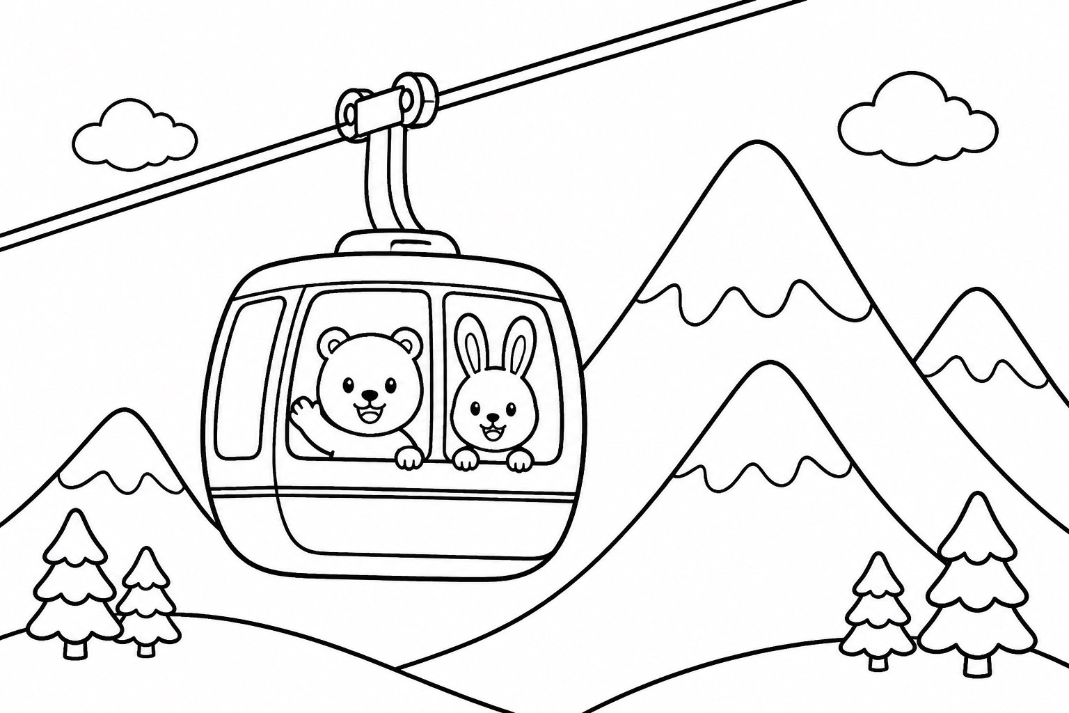 Le téléphérique passe par la montagne enneigée