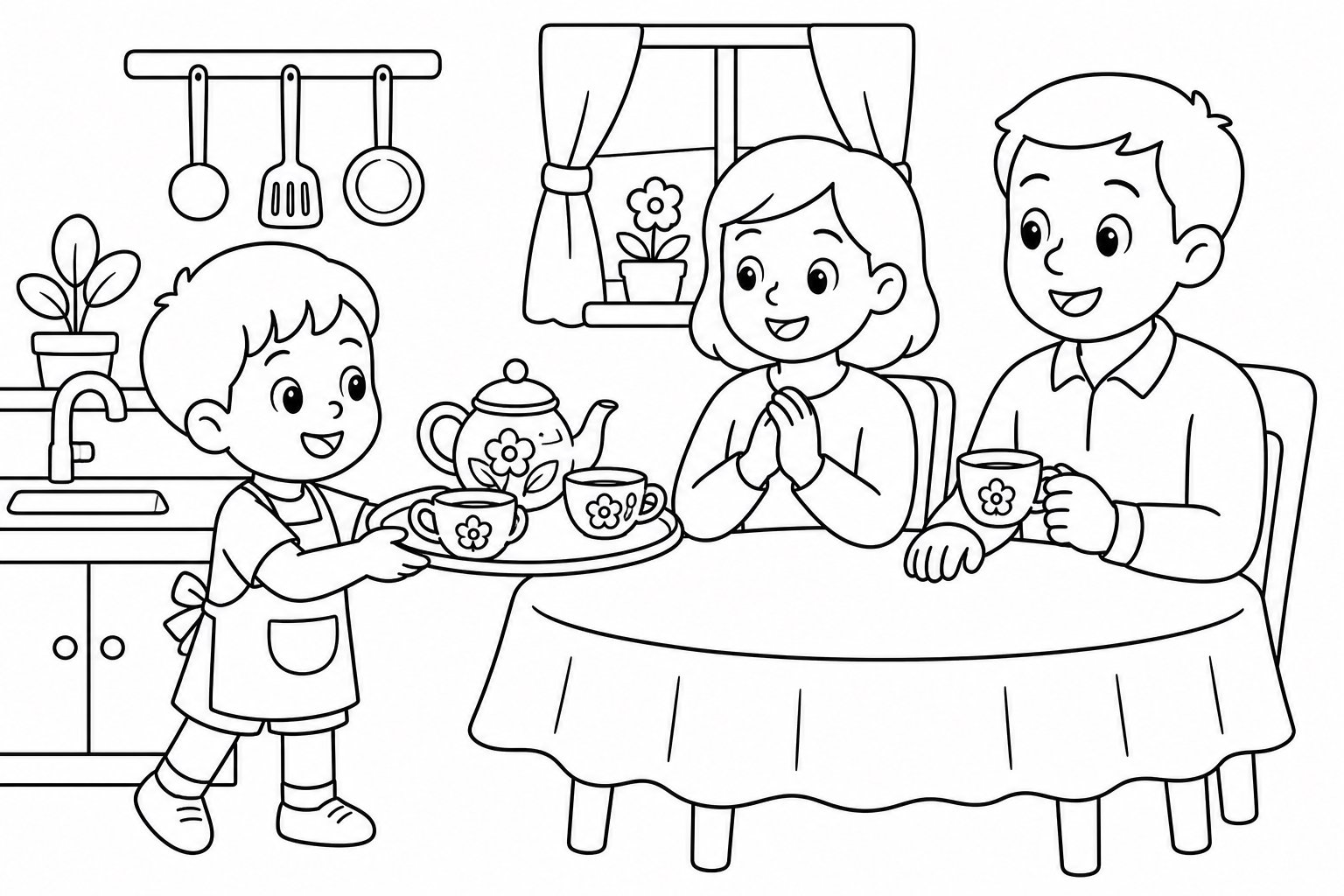 Enfants servant du thé aux fleurs
