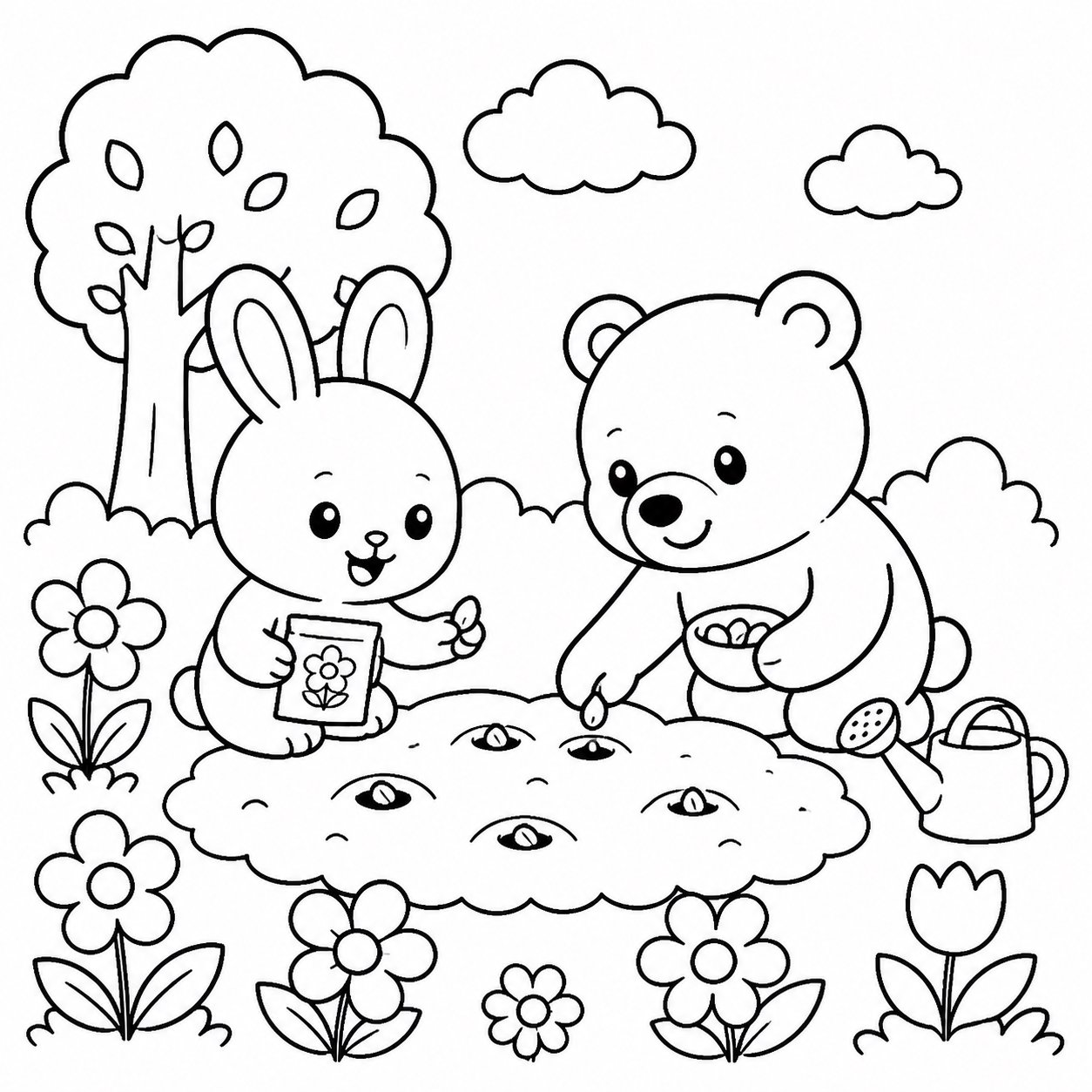 Los amigos animales plantan semillas de flores