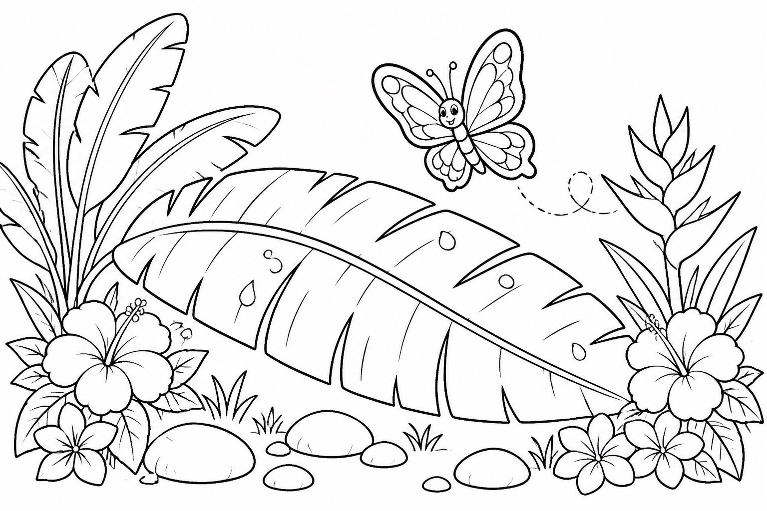 Papillon volant au-dessus de feuilles de bananier