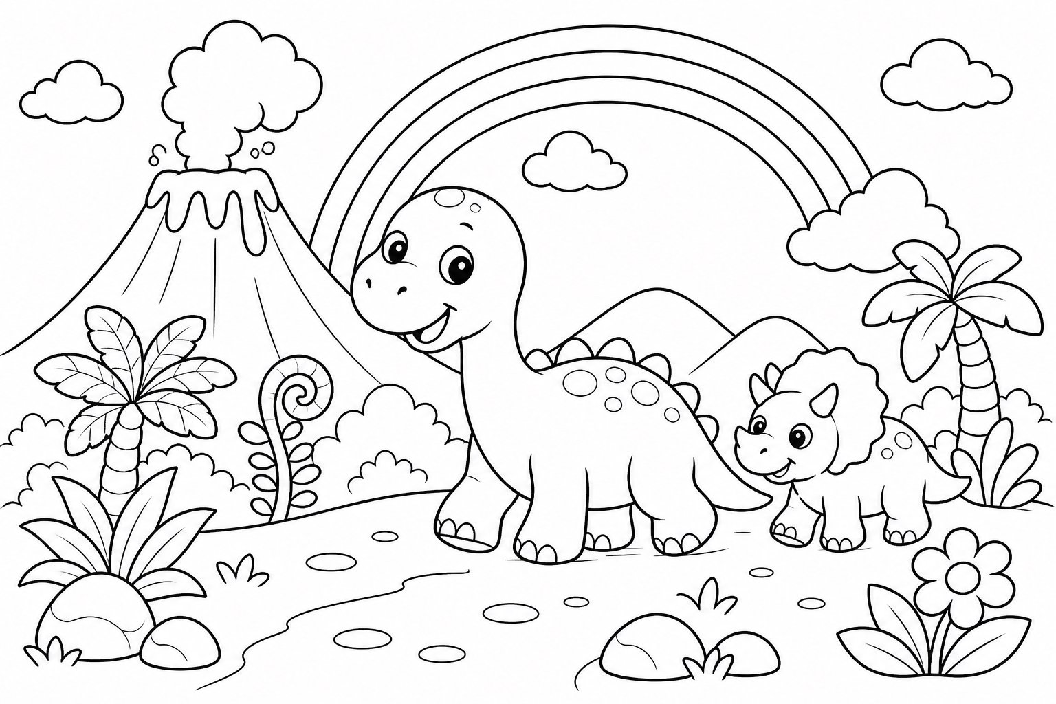 Ein Dinosaurierbaby kommt an einem kleinen Vulkan vorbei
