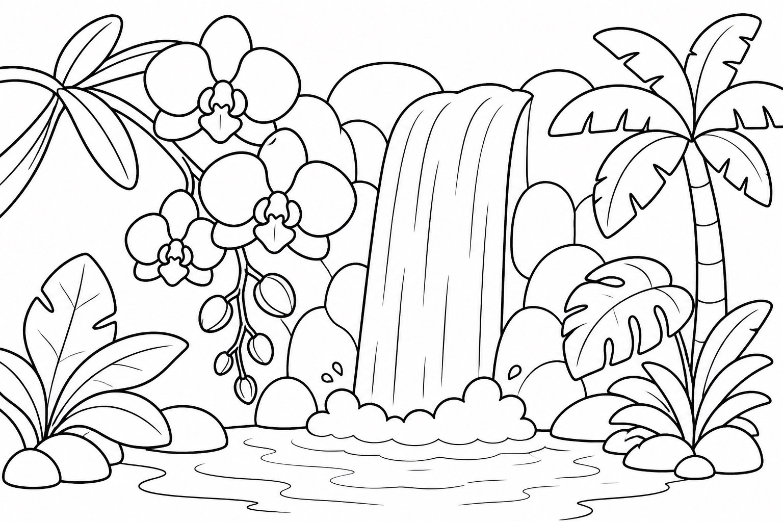 Orchideen hängen neben einem Wasserfall