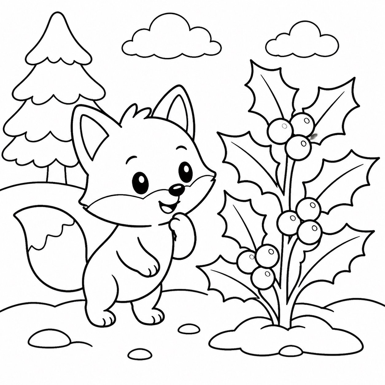 Petit renard cherchant des baies de houx