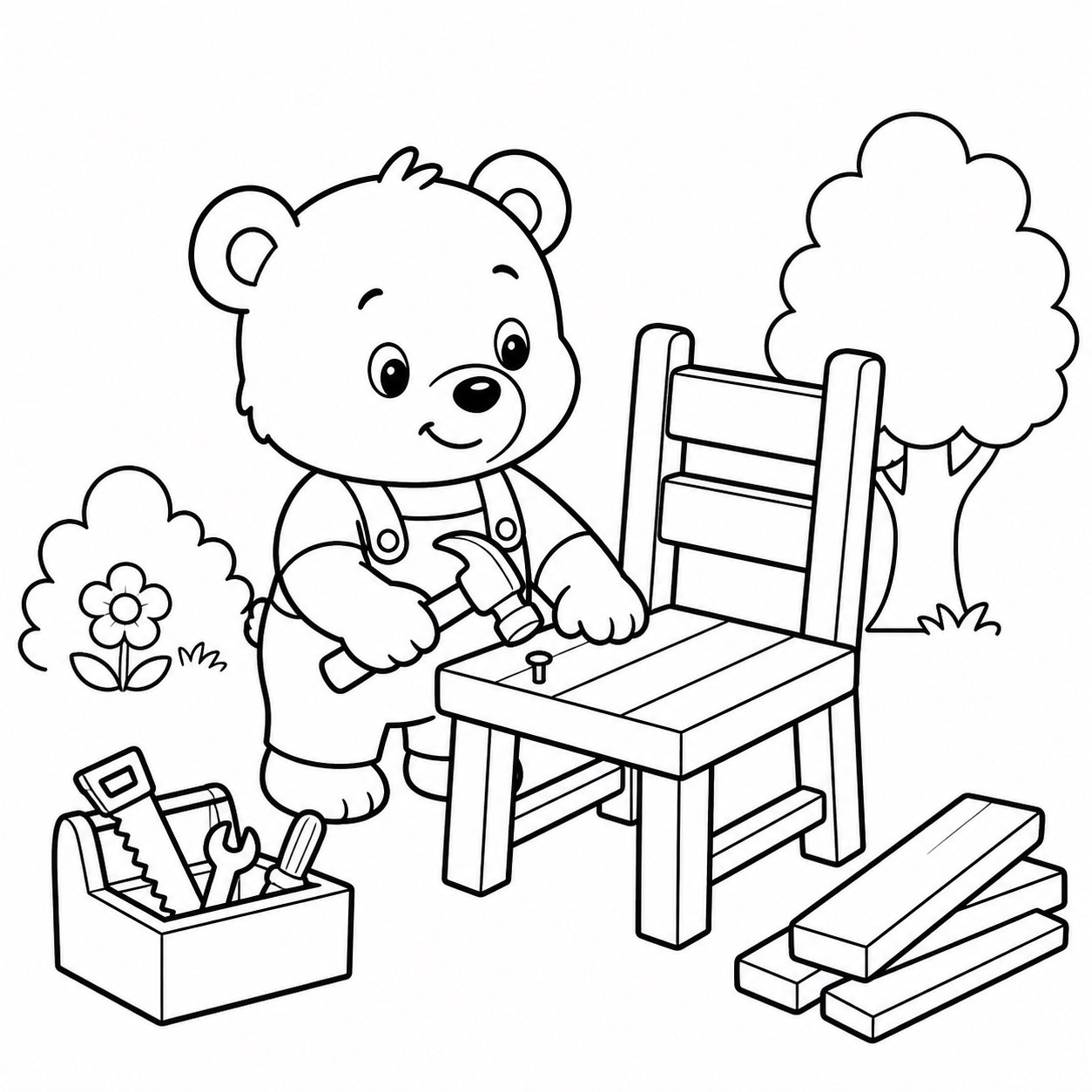 Petit ours fabriquant une chaise en bois