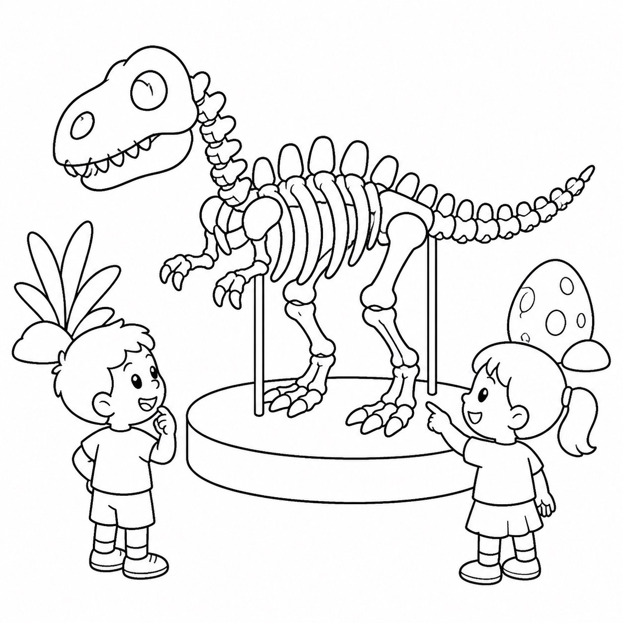 子どもが恐竜の骨格を観察する