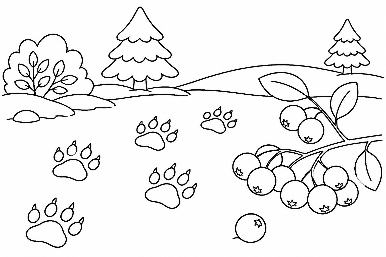 Pfotenabdrücke und Beeren im Schnee