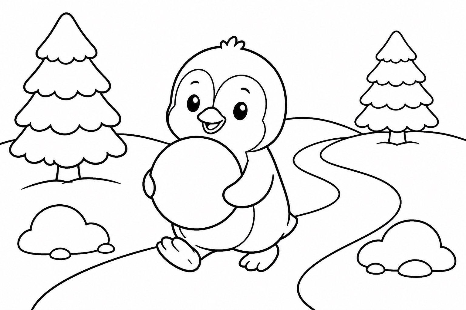 小さなペンギンが雪玉を抱える