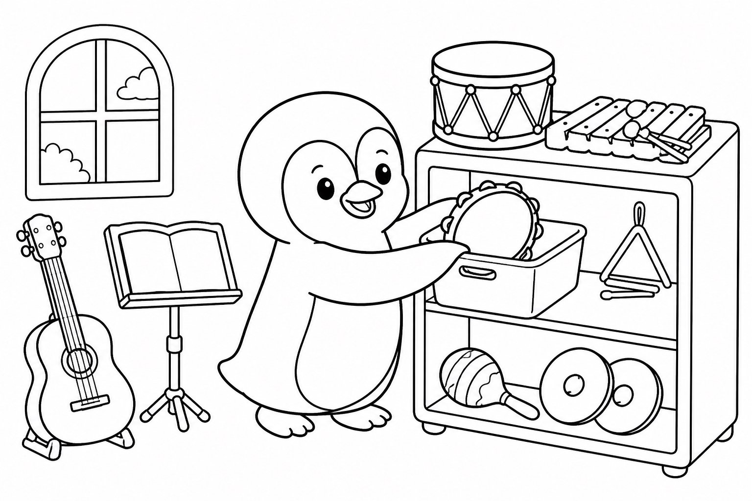 Pinguim organizando instrumentos musicais