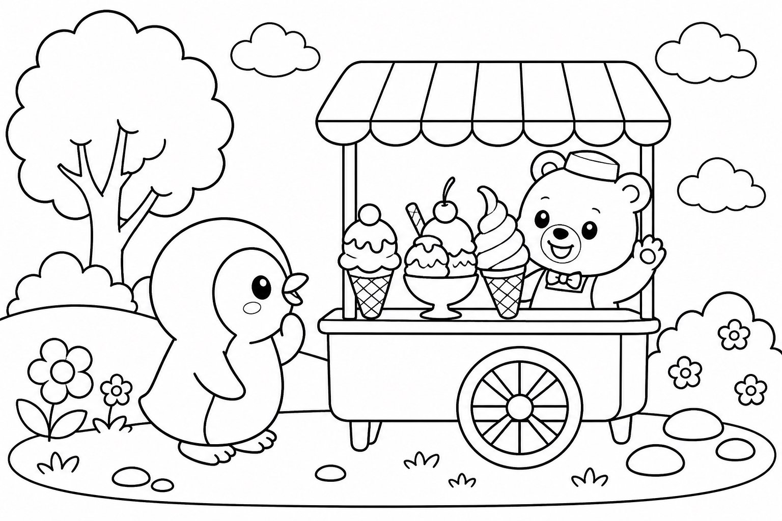 아기 펭귄이 아이스크림을 바라봐요
