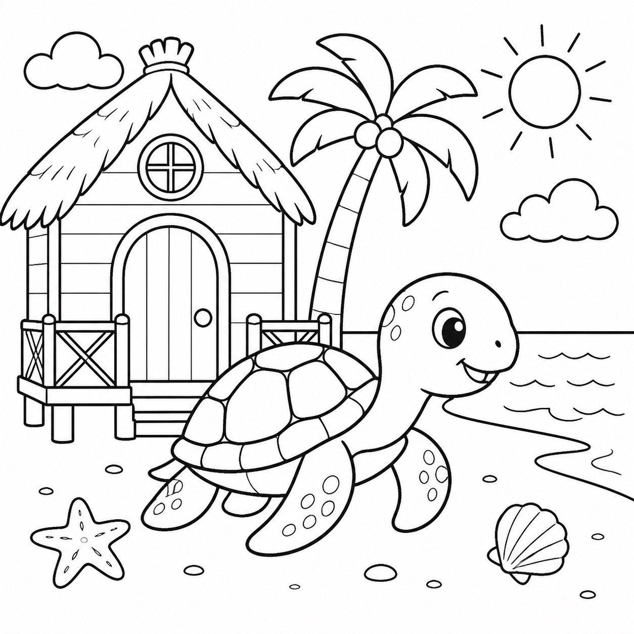 Tortue marine passant devant une cabane de plage