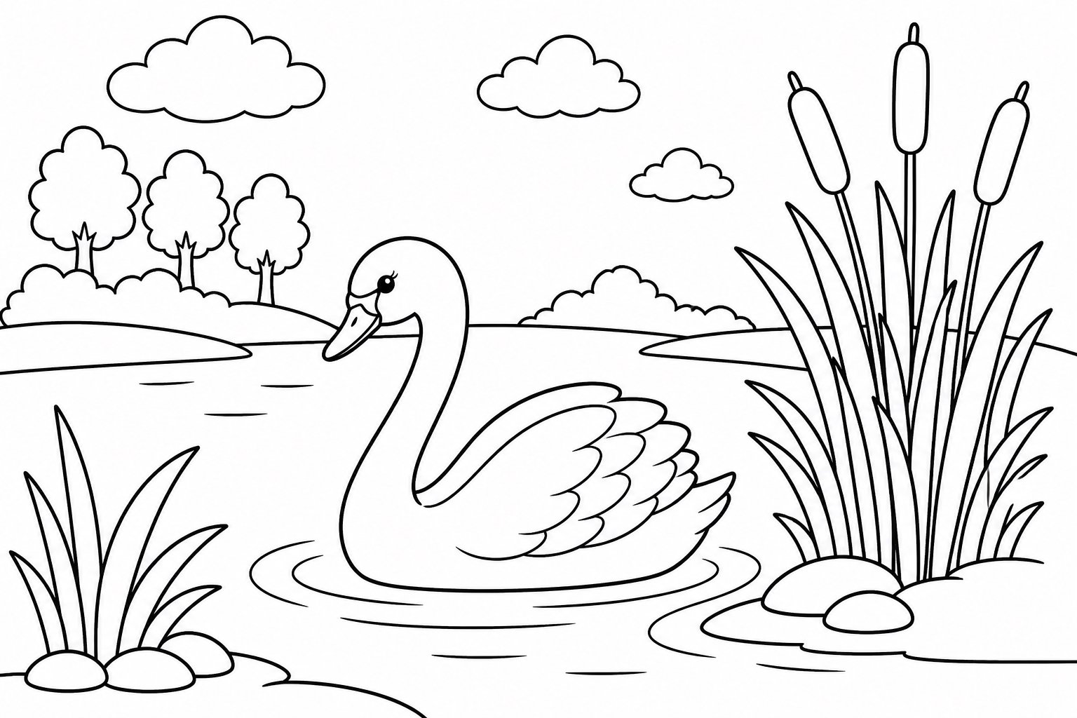 葦の入り江を通る白鳥