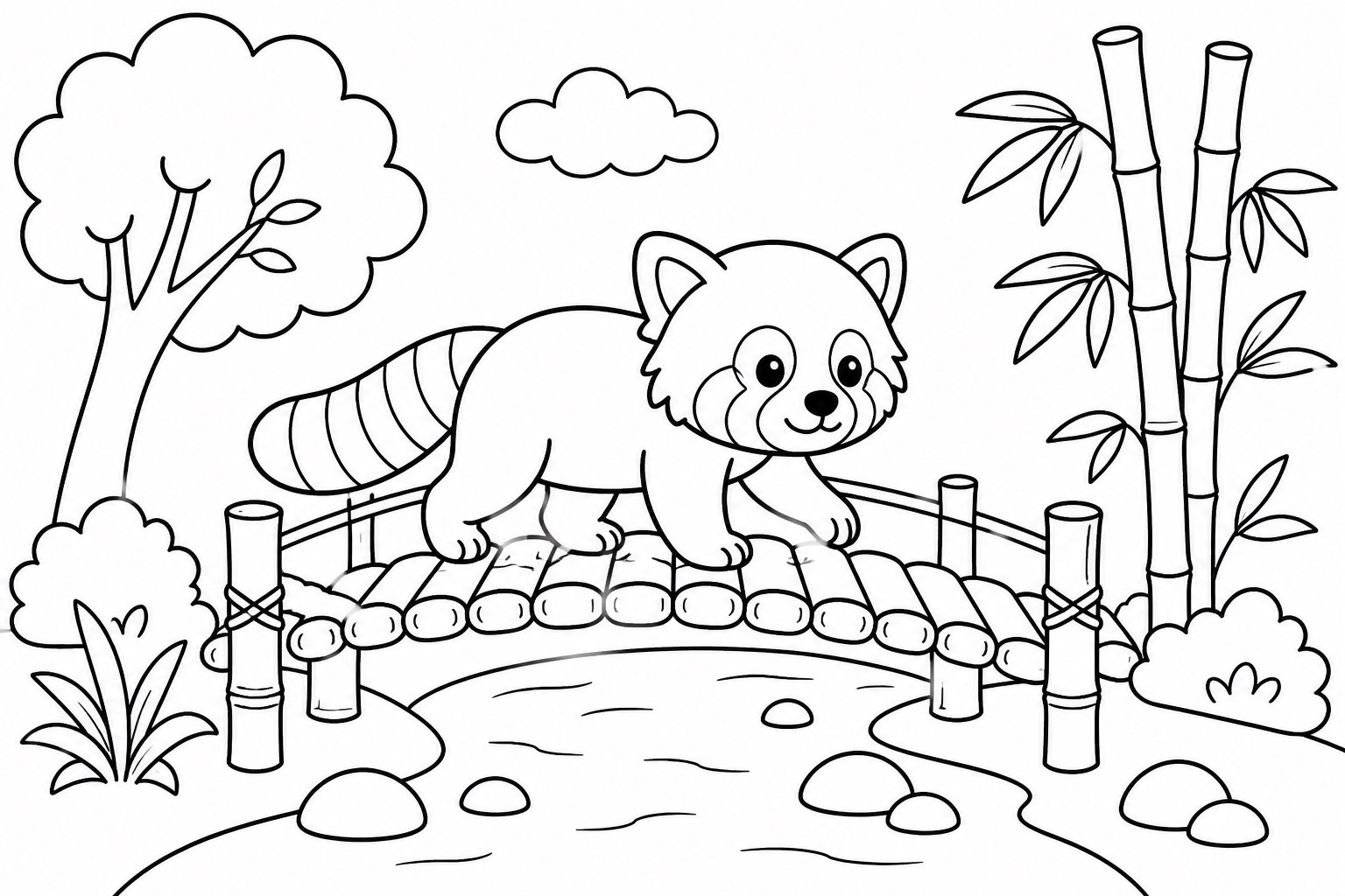 Panda-vermelho atravessando uma ponte de bambu