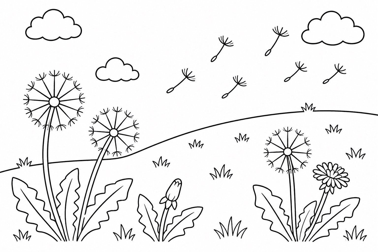 Grashang mit vom Wind bewegten Löwenzahnblüten