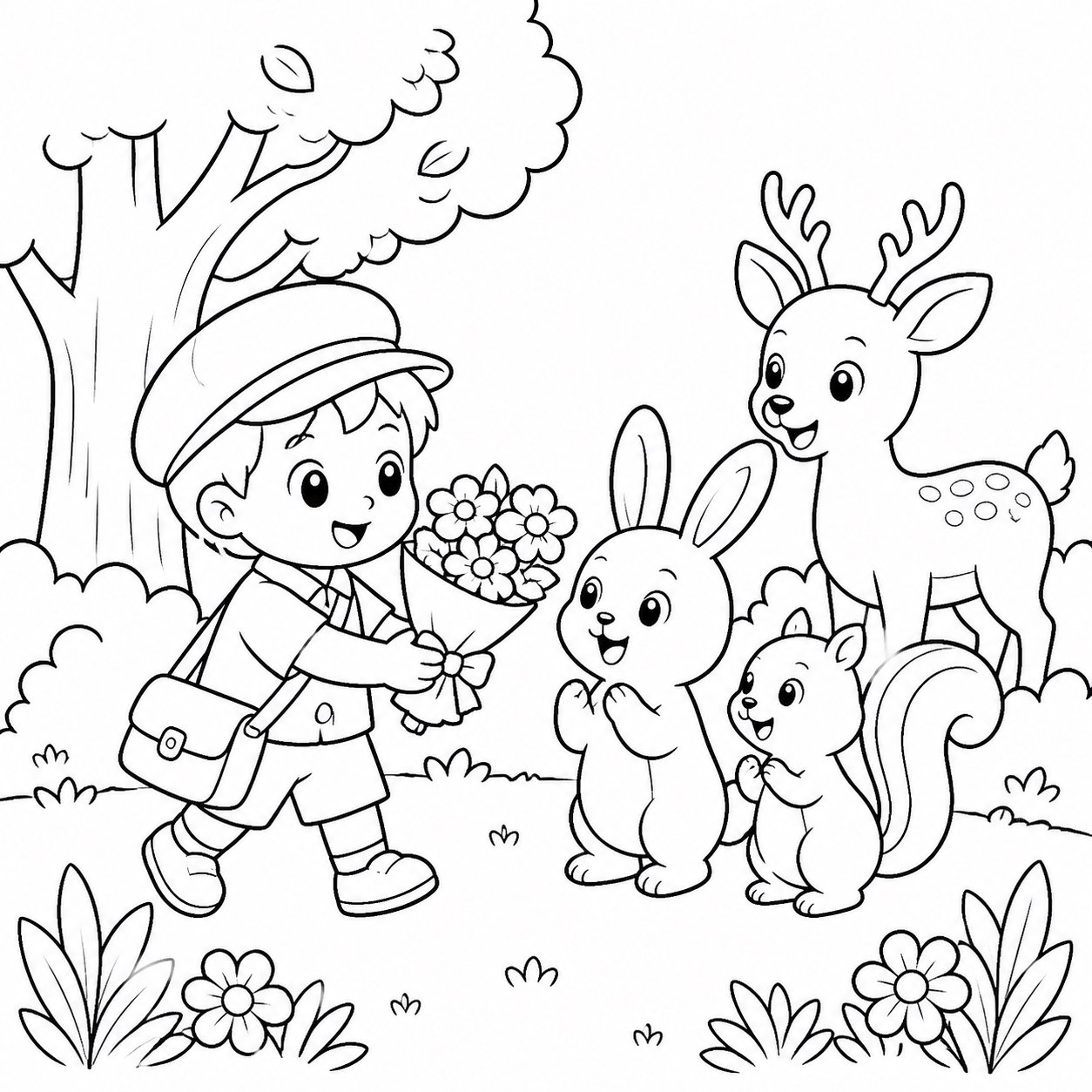 Pequeno carteiro entregando flores aos amigos da floresta