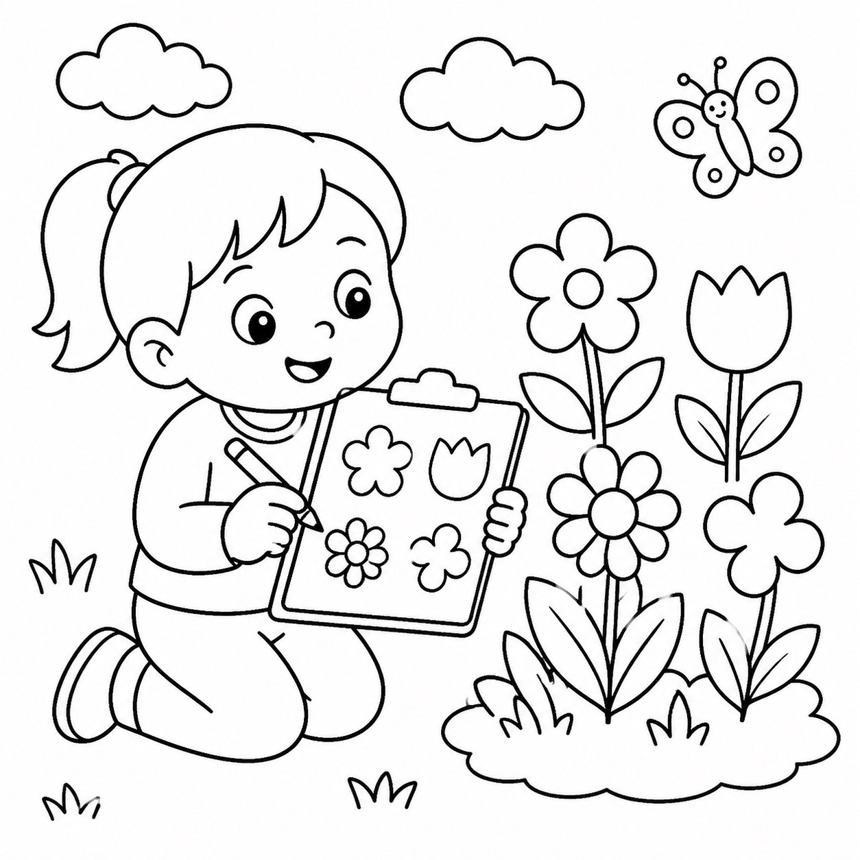 Enfant notant les formes des fleurs