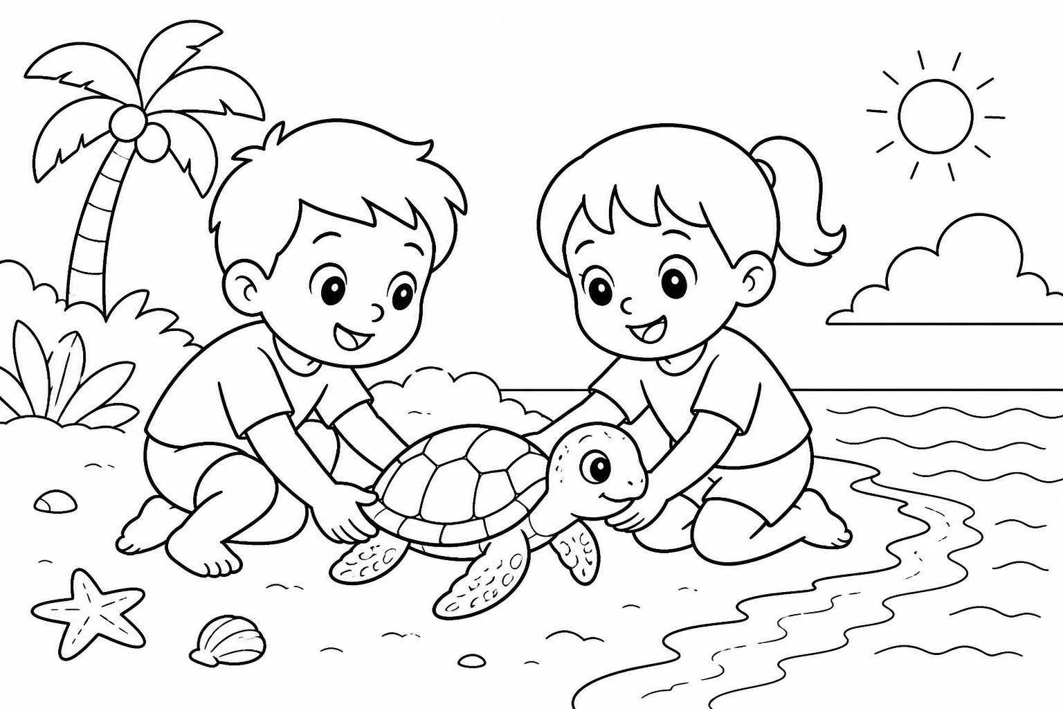 Kinder helfen einer kleinen Meeresschildkröte zurück zum Strand