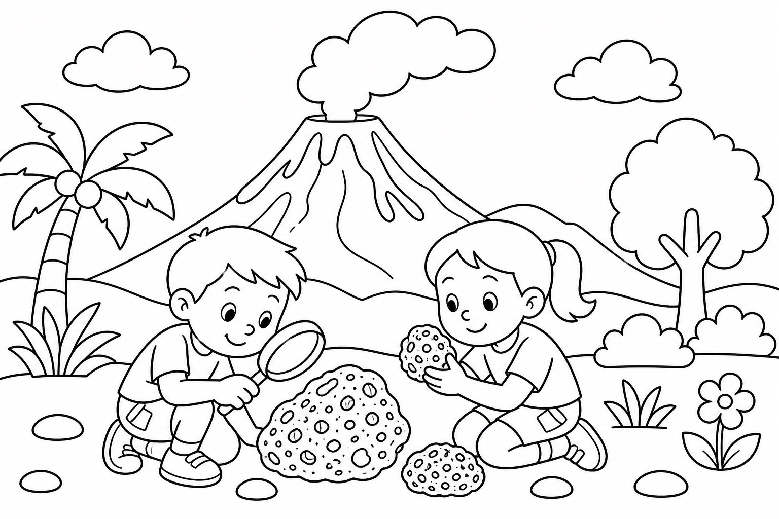 أطفال يراقبون الصخور البركانية