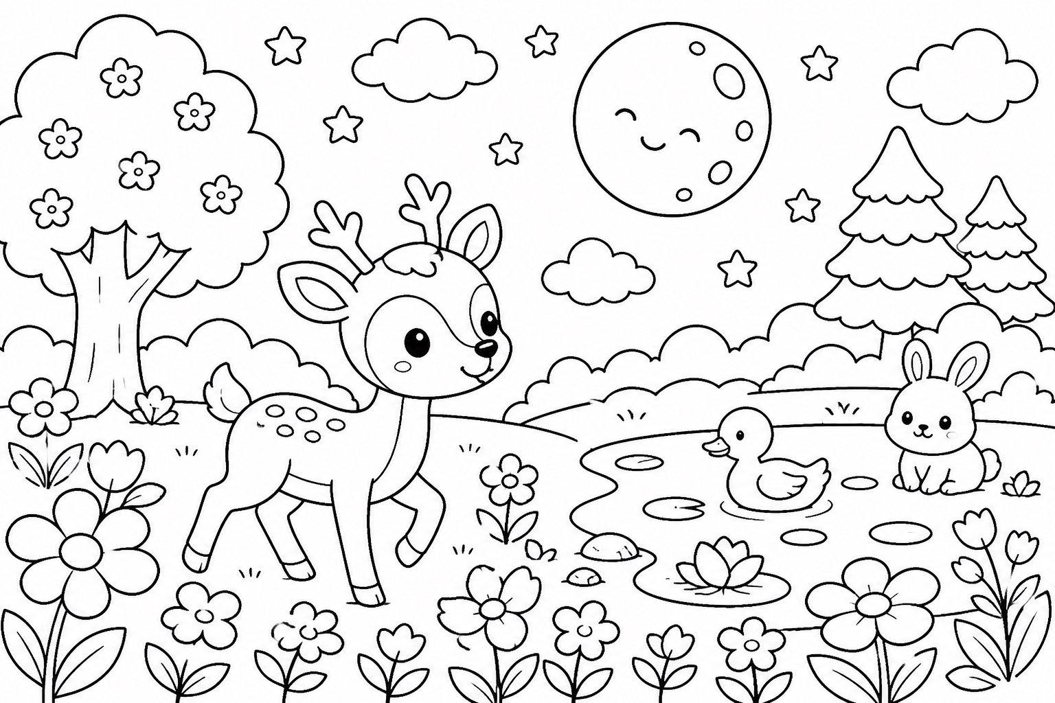 Faon traversant un champ de fleurs au clair de lune