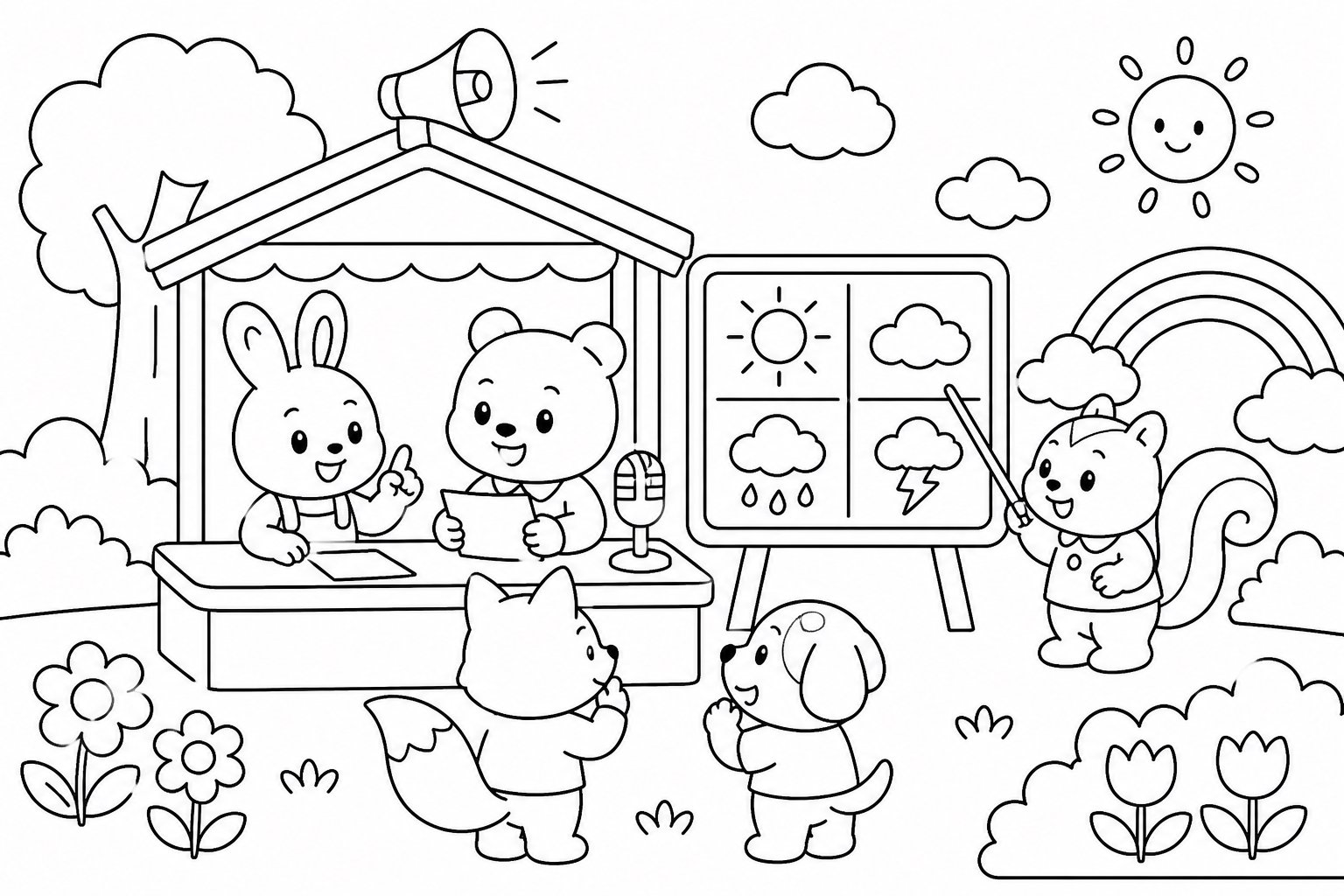 天気ニュースについて話し合うみんな