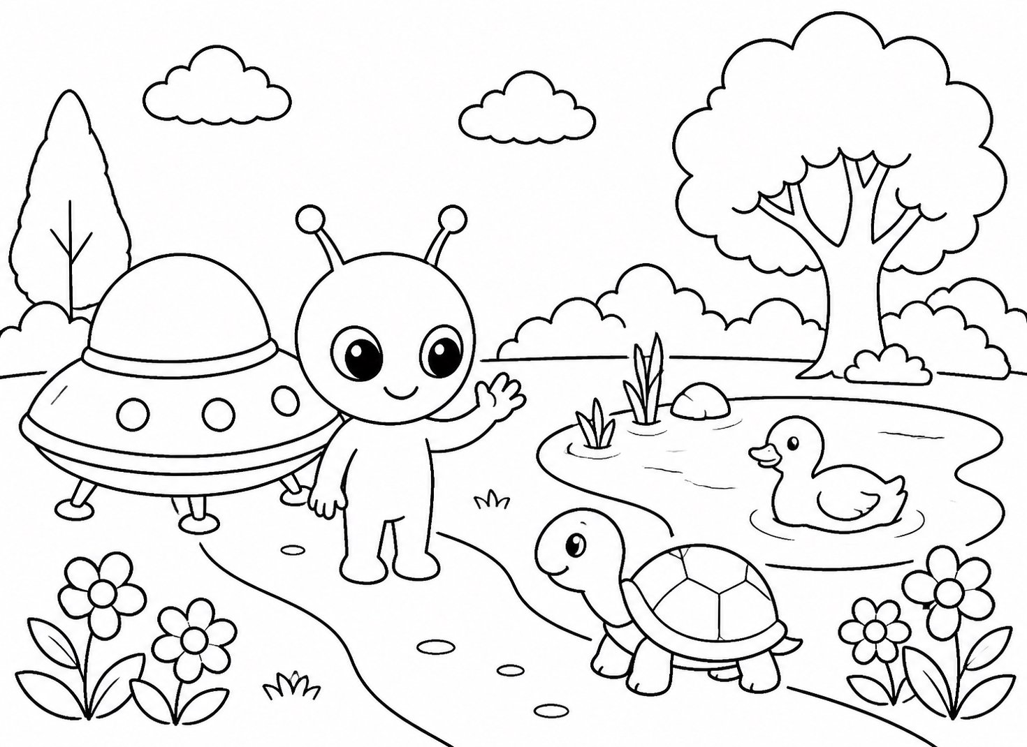 Pequeño alienígena visitando un parque terrestre