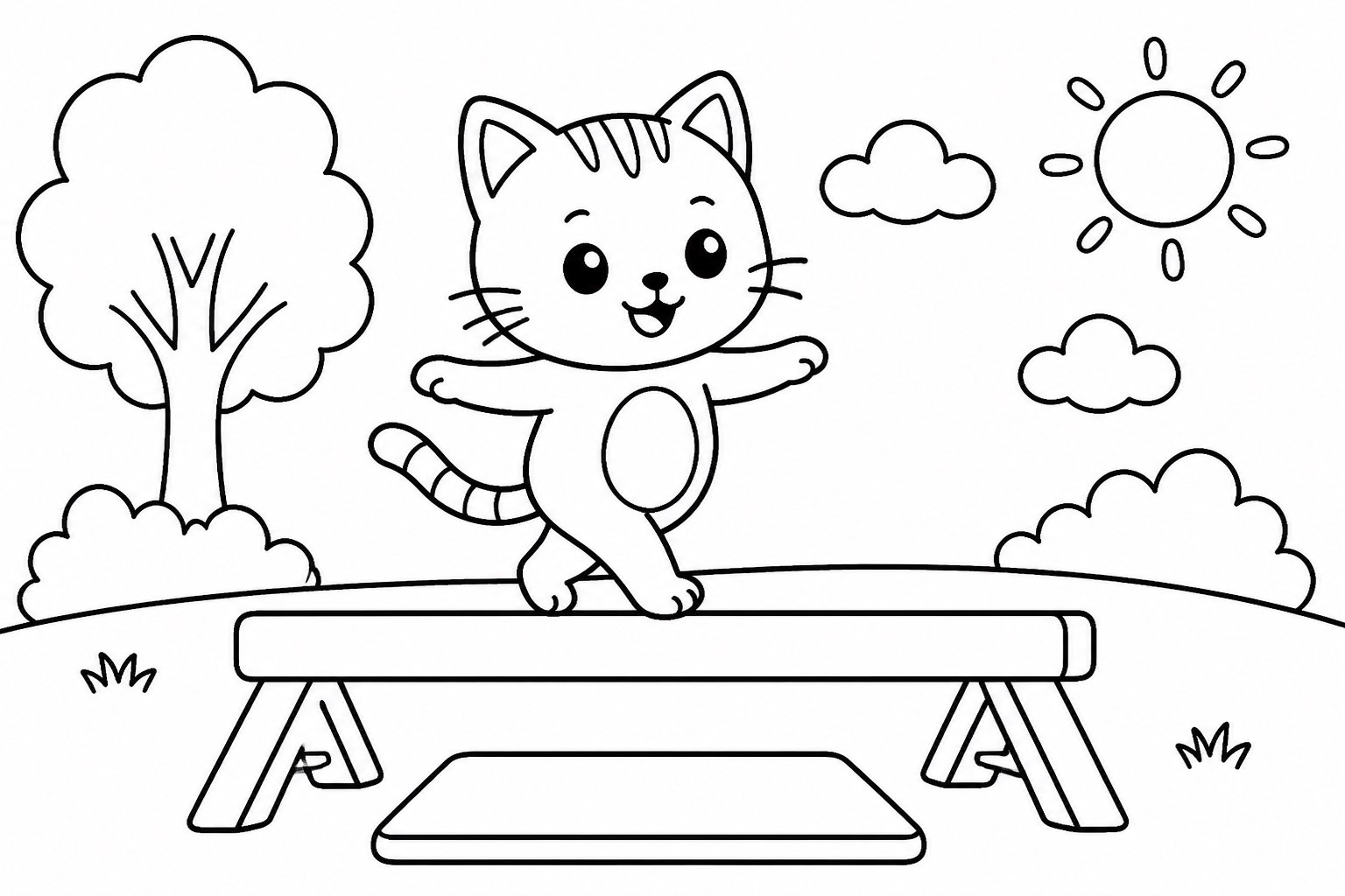 El gatito practica en la barra de equilibrio