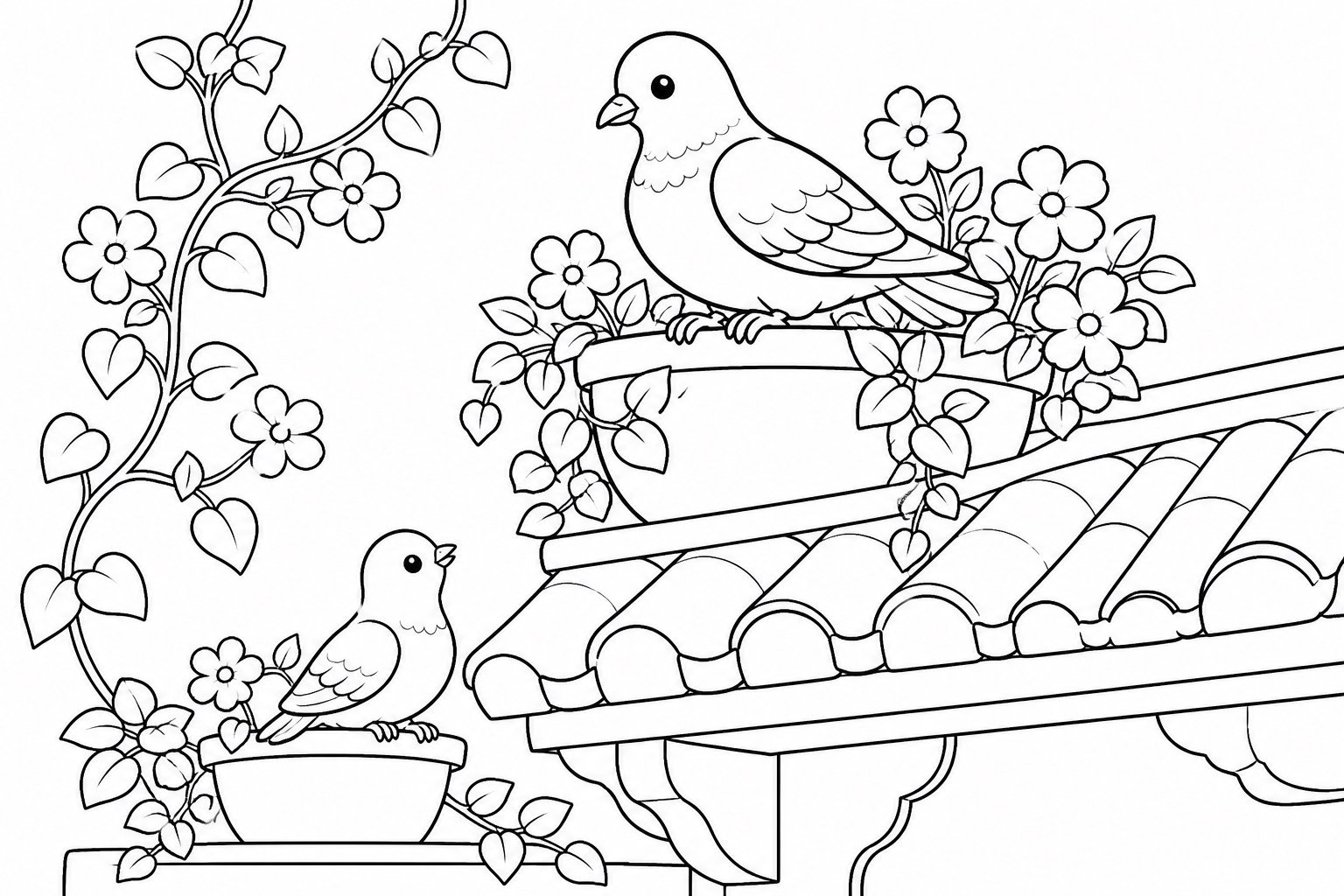 Taube sitzt auf einem Blumentopf unter dem Dachvorsprung