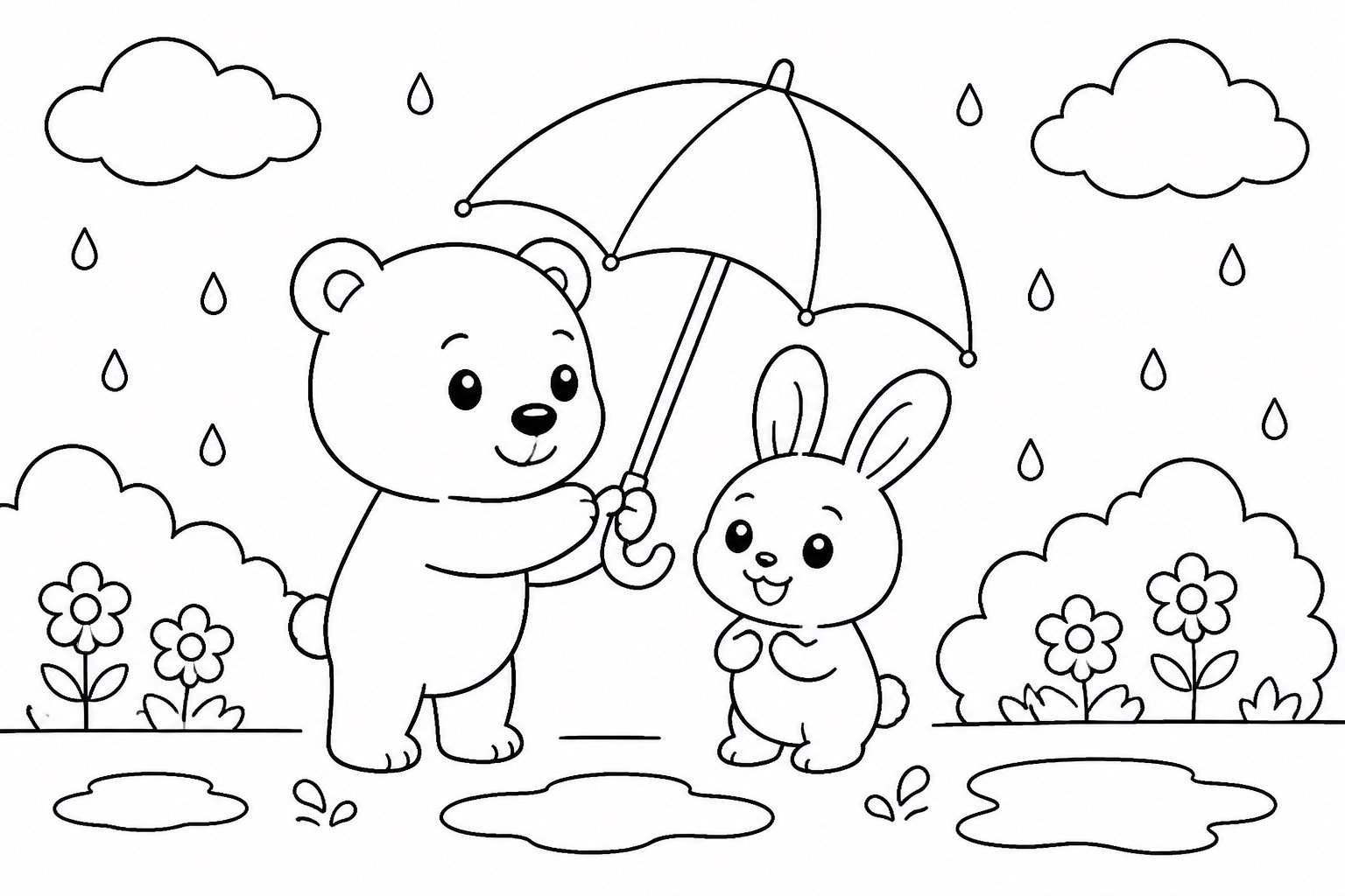 O ursinho segura um guarda-chuva para um amigo