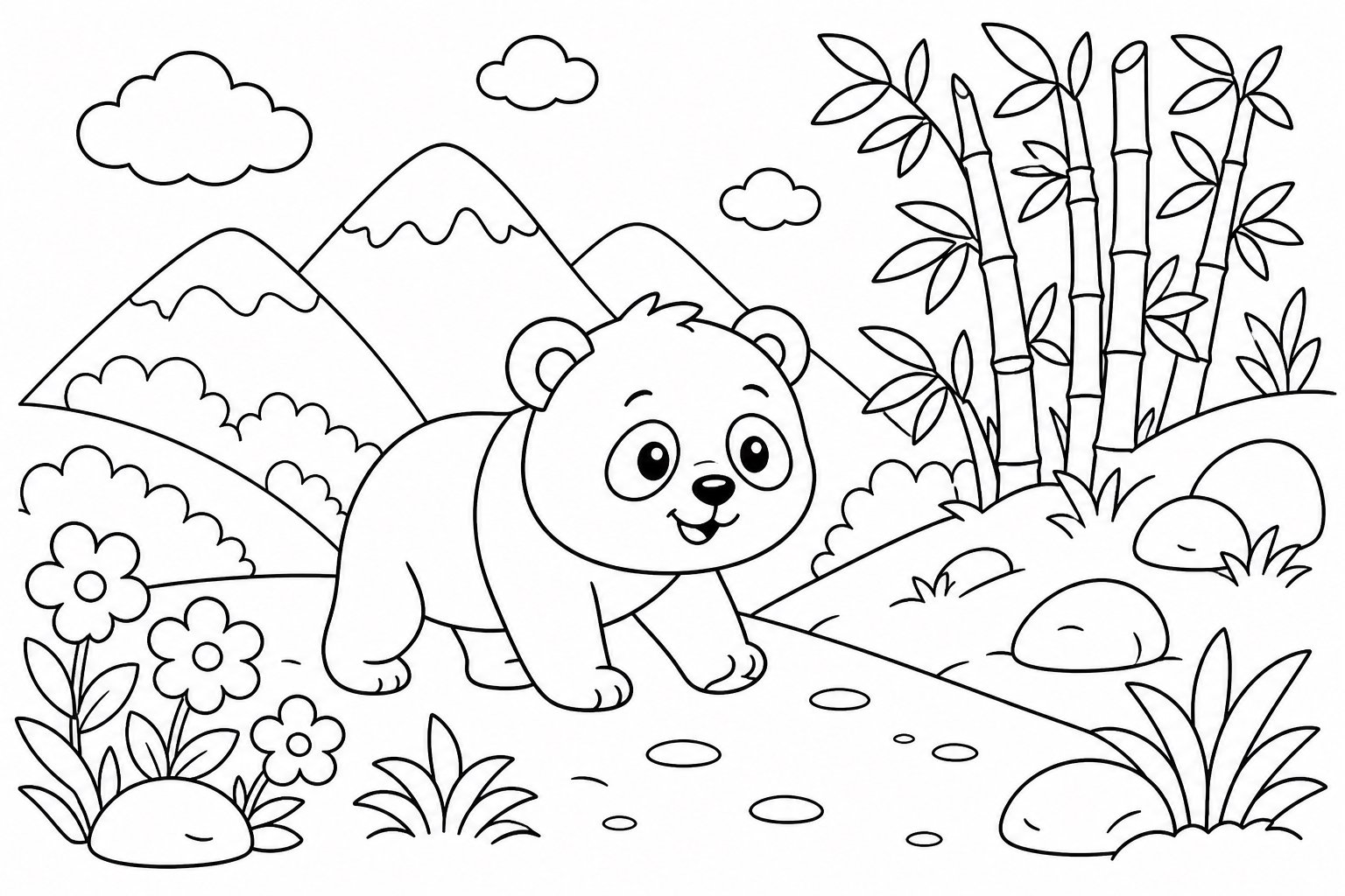 Le panda traverse la pente de bambous