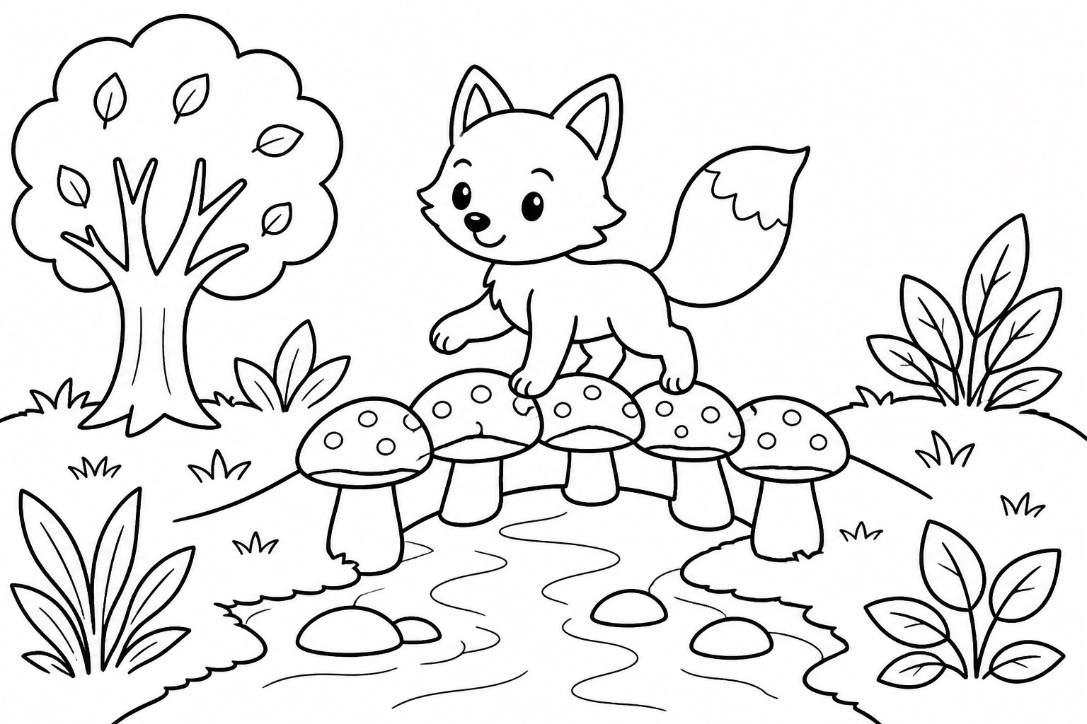 Petit renard traversant un pont de champignons