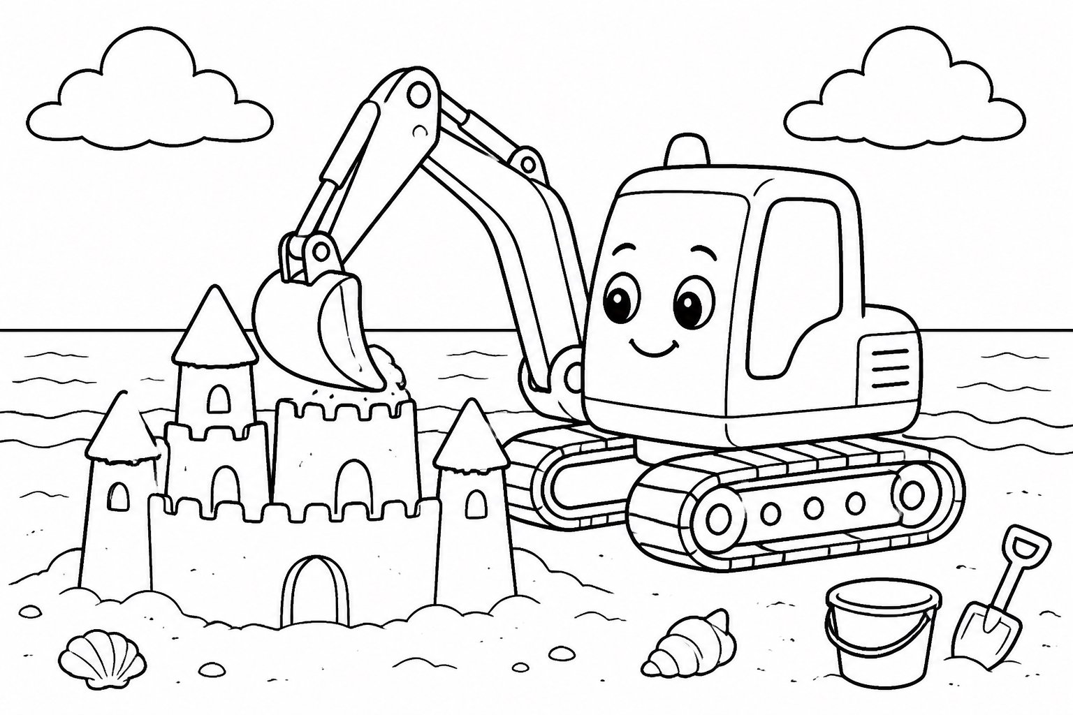 Pequeña excavadora reparando un castillo de arena