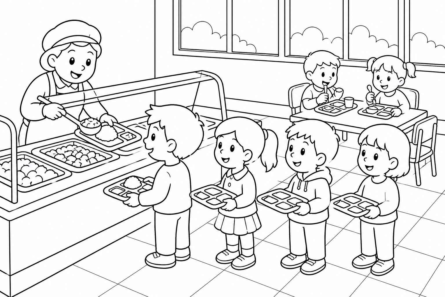 Fazendo fila para comer no refeitório da escola