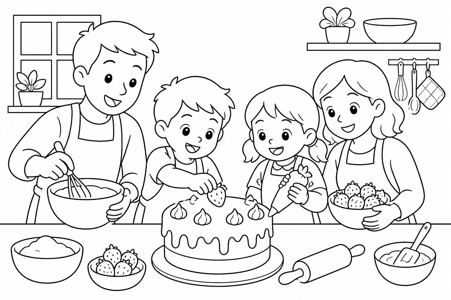 Enfants et famille préparant un gâteau d’anniversaire