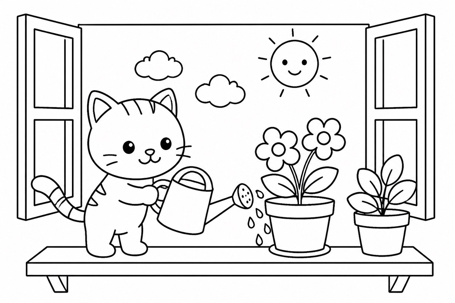 Chaton arrosant les plantes du rebord de la fenêtre