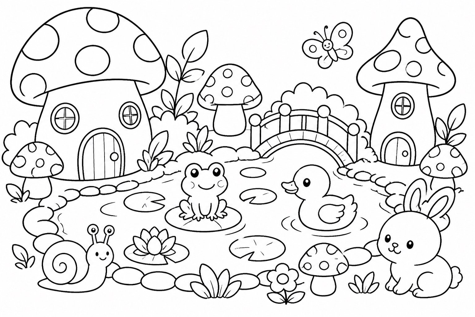 Pequeño estanque en el jardín de champiñones
