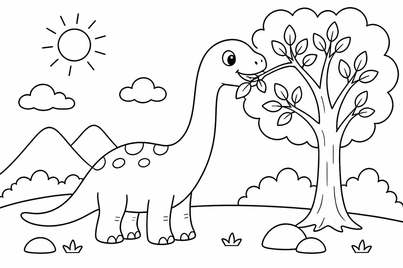 Dinossauro de pescoço comprido comendo folhas tenras no alto