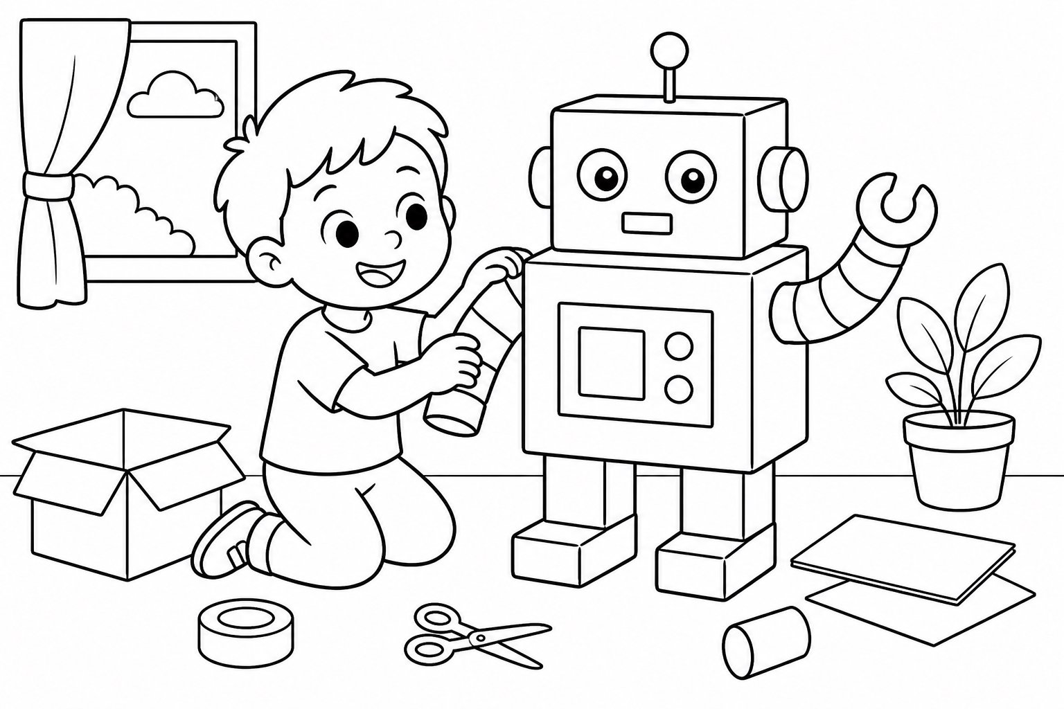 As crianças constroem um robô de papelão