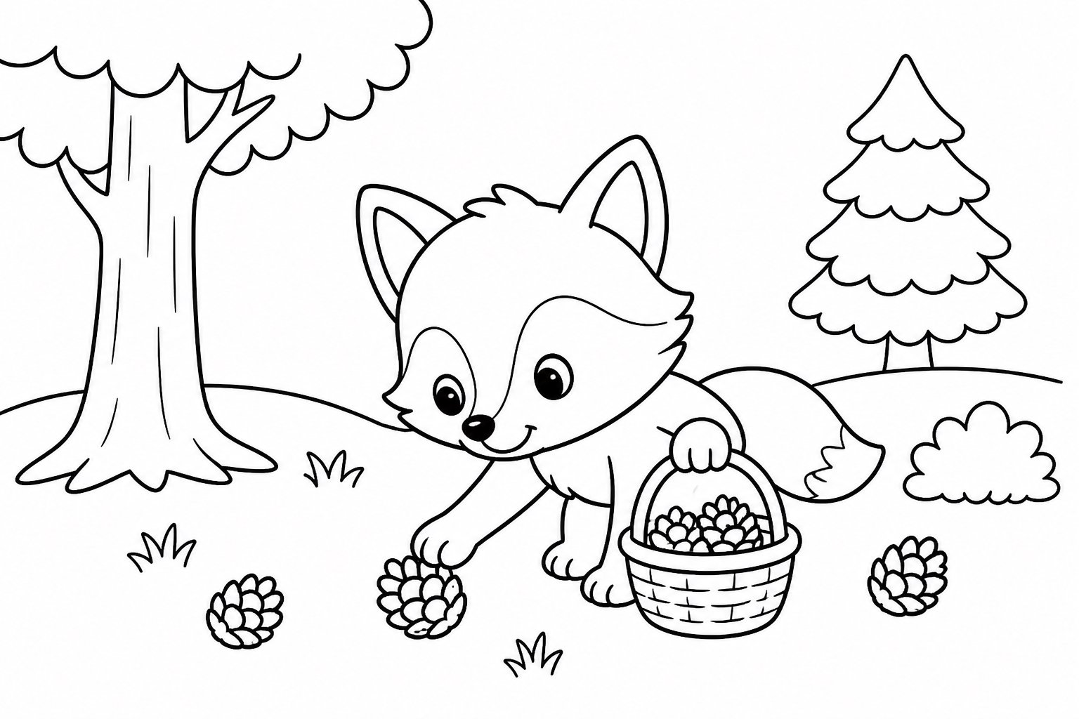 El zorrito recoge piñas en el bosque