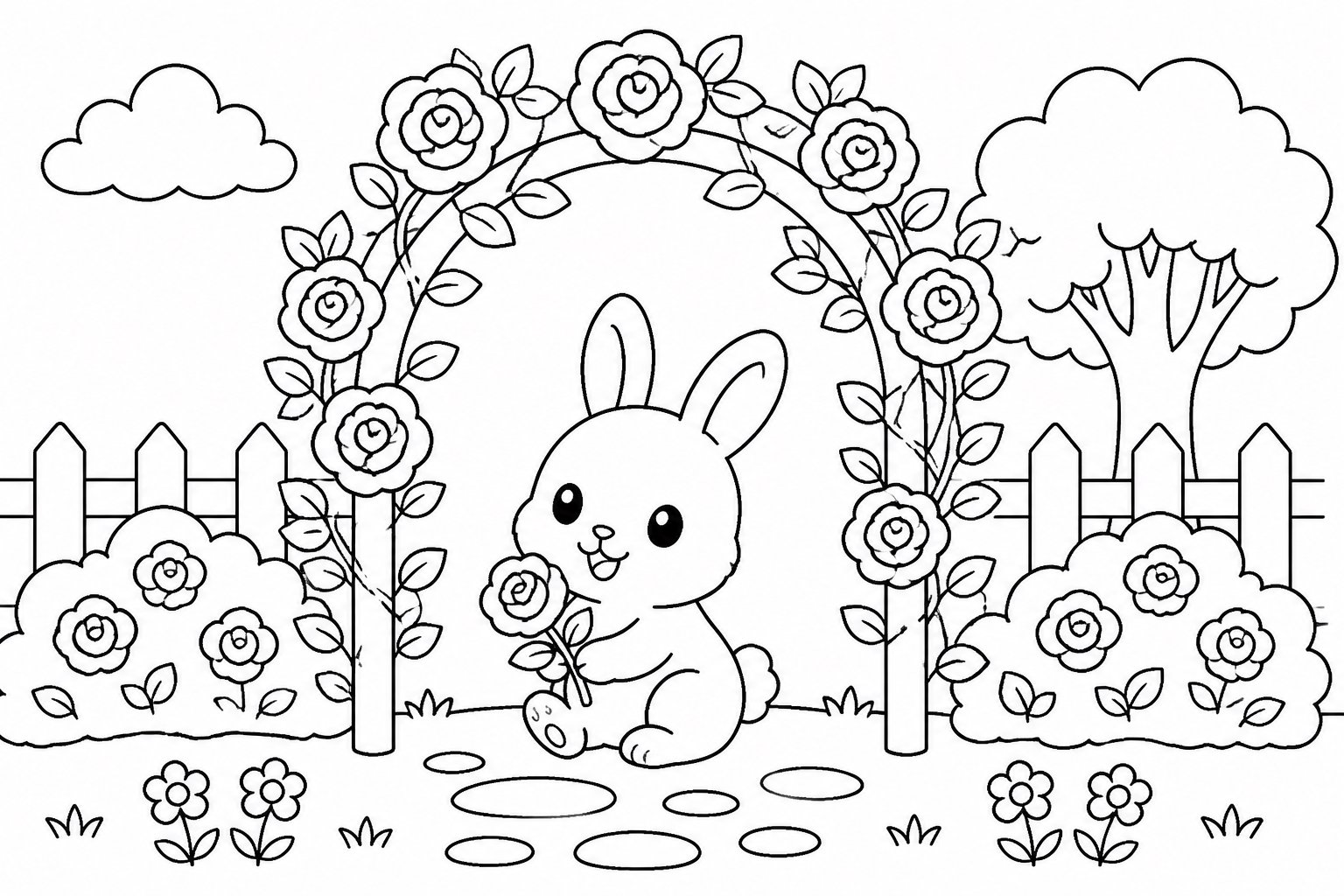 Petit lapin sous l’arche de roses