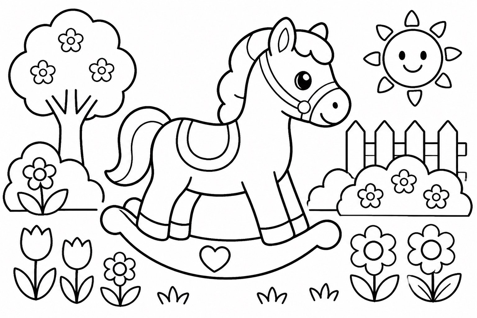 Cavalo de balanço atravessa o jardim