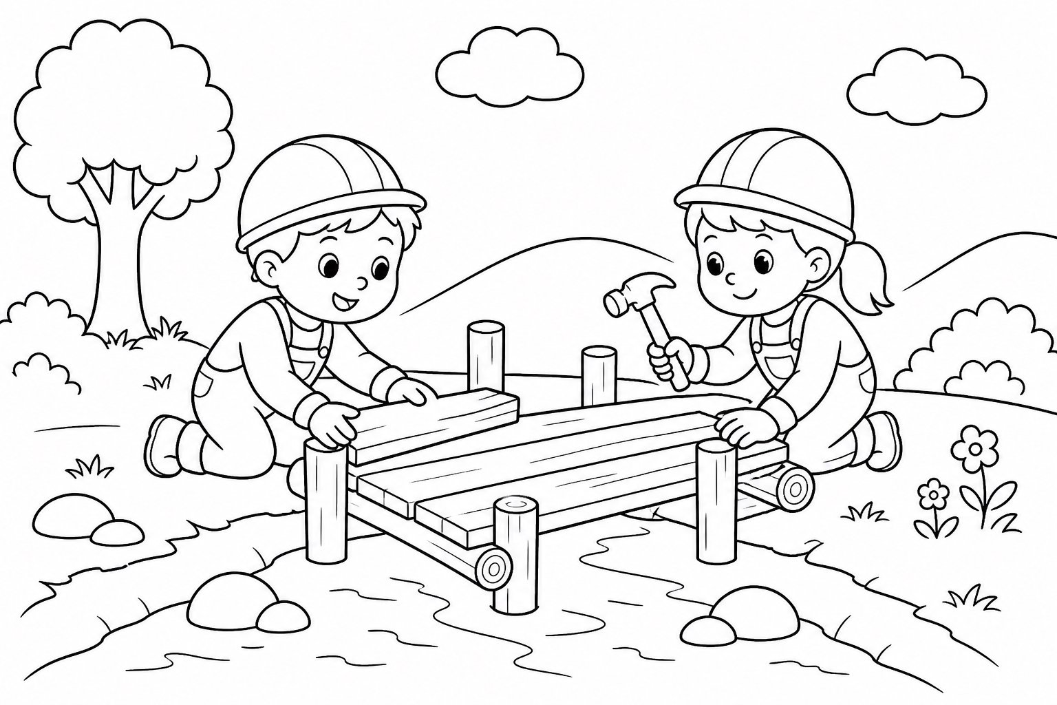 木橋を作る子どもたち