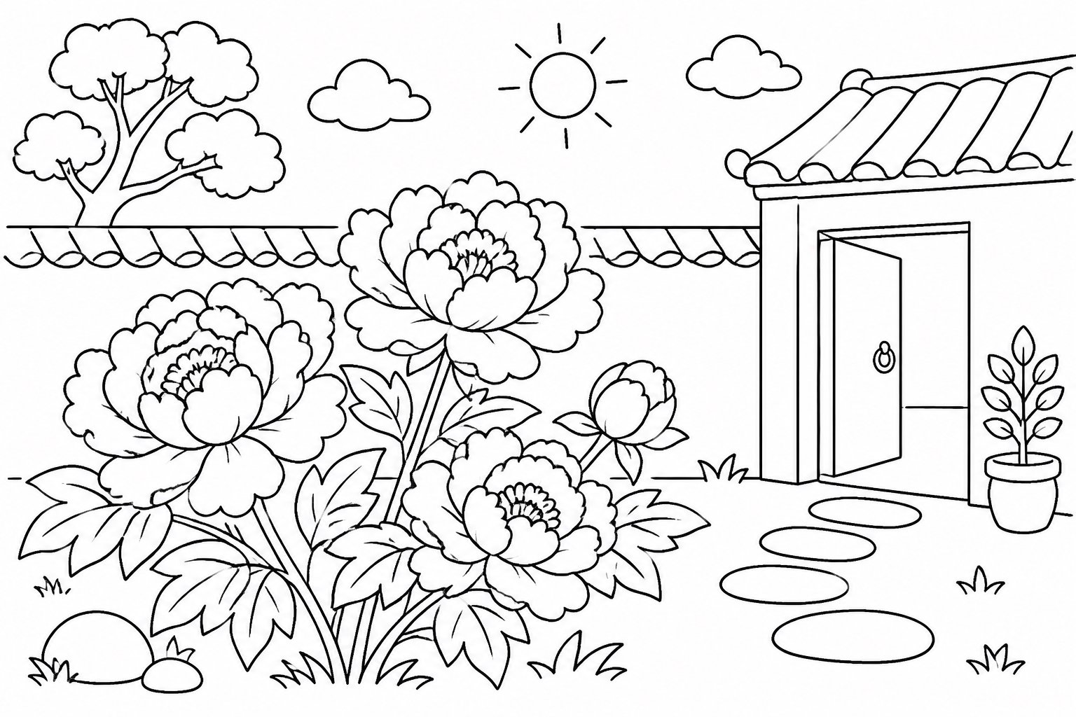 Peonías floreciendo en un pequeño patio