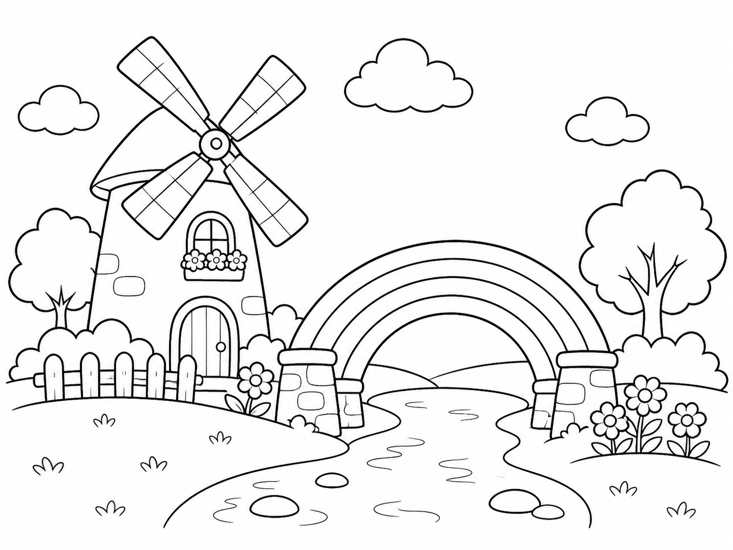 Maison-moulin à vent près du pont arc-en-ciel