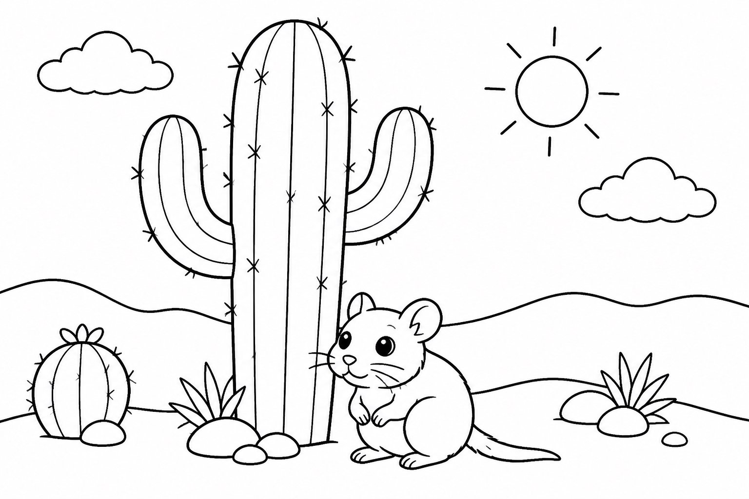 La petite gerboise sous un grand cactus colonnaire