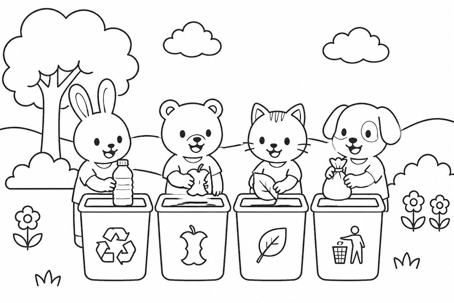 모두가 분리수거함에 쓰레기를 넣는 모습