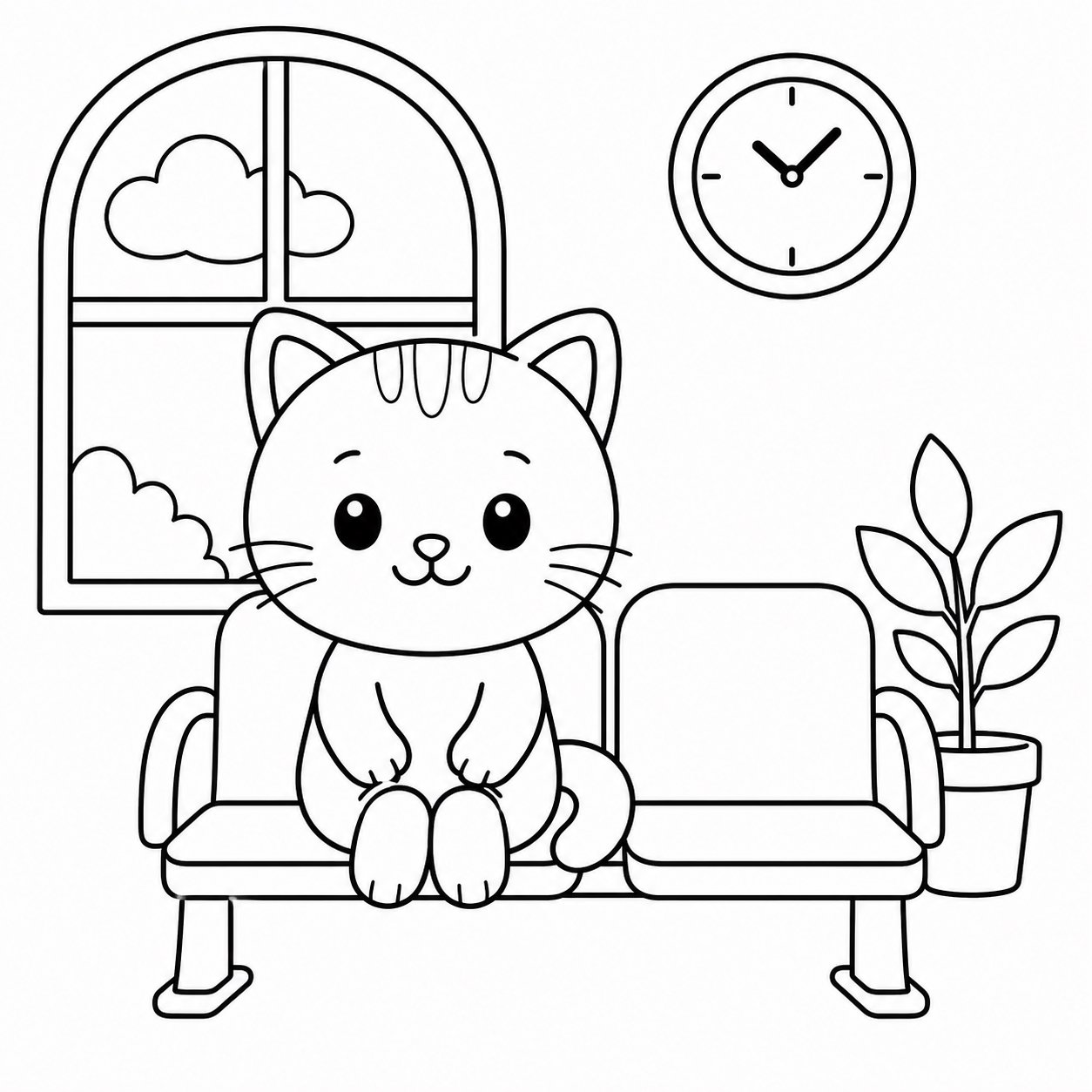 Gatito sentado en el banco de espera