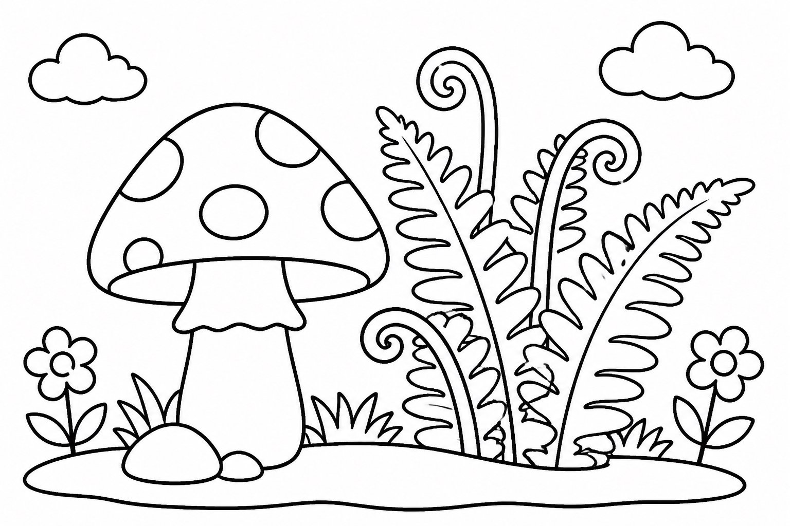 Folhas de samambaia crescendo ao lado dos cogumelos
